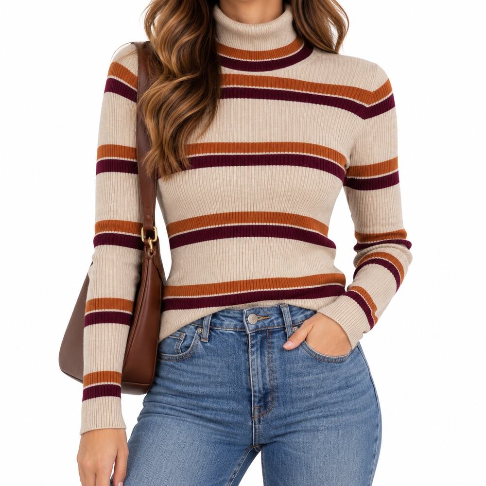 Everlane Womens L Wool Blend Ribbed Turtleneck Striped Sweater Beige Burgundy